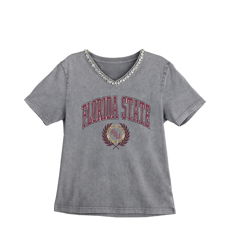 Women's Gameday Couture Gray Florida State Seminoles Iconic Edge Rhinestone V-Neck T-Shirt