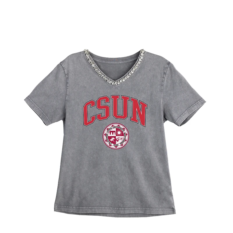Women's Gameday Couture Gray Cal State Northridge Matadors Iconic Edge Rhinestone V-Neck T-Shirt
