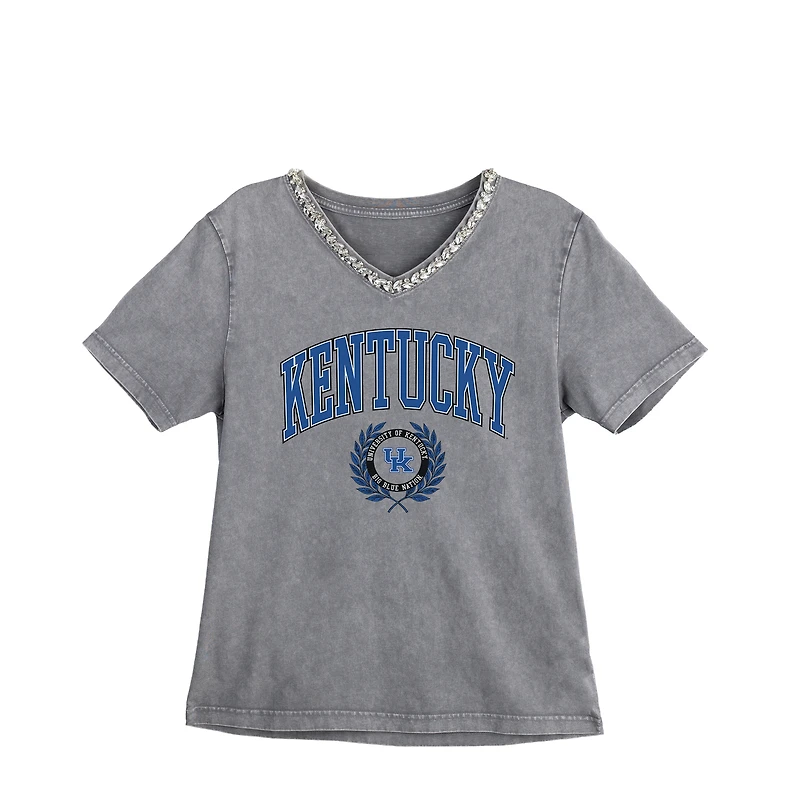 Women's Gameday Couture Gray Kentucky Wildcats Iconic Edge Rhinestone V-Neck T-Shirt