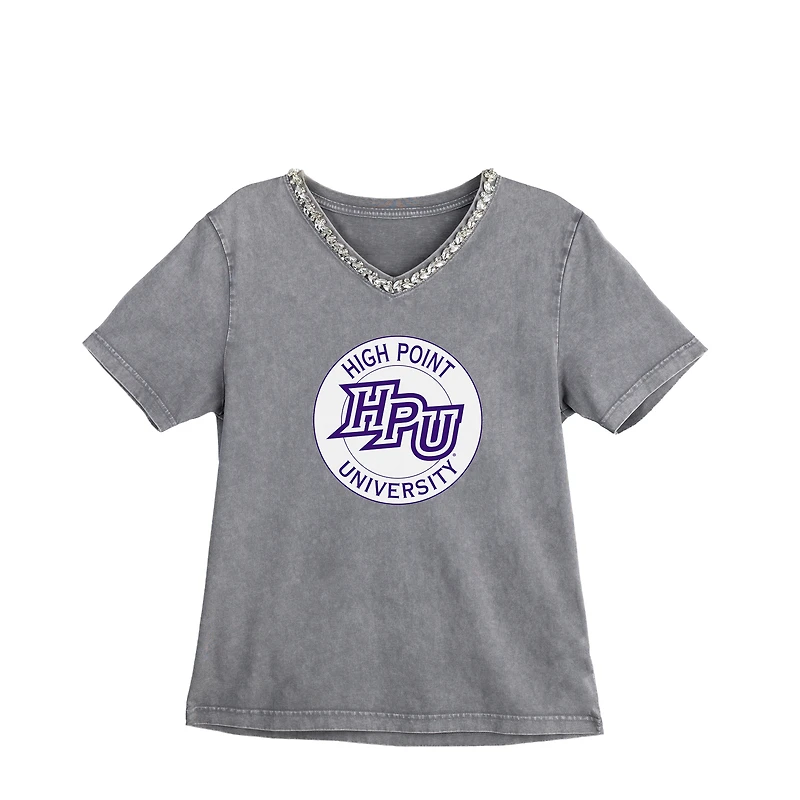 Women's Gameday Couture Gray High Point Panthers Iconic Edge Rhinestone V-Neck T-Shirt
