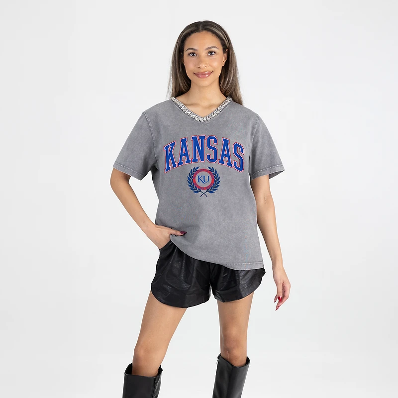 Women's Gameday Couture Gray Kansas Jayhawks Iconic Edge Rhinestone V-Neck T-Shirt