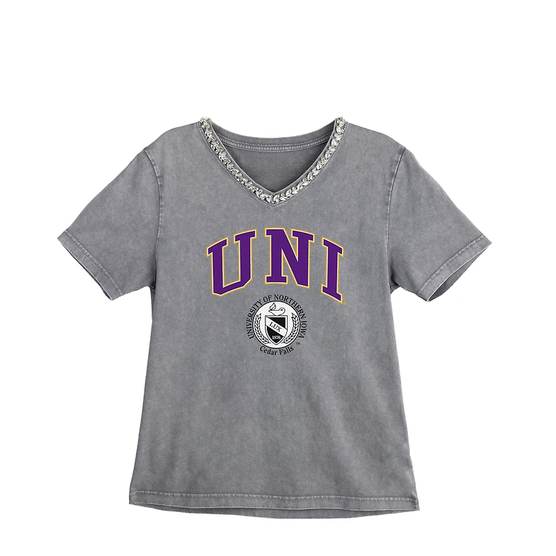 Women's Gameday Couture Gray Northern Iowa Panthers Iconic Edge Rhinestone V-Neck T-Shirt