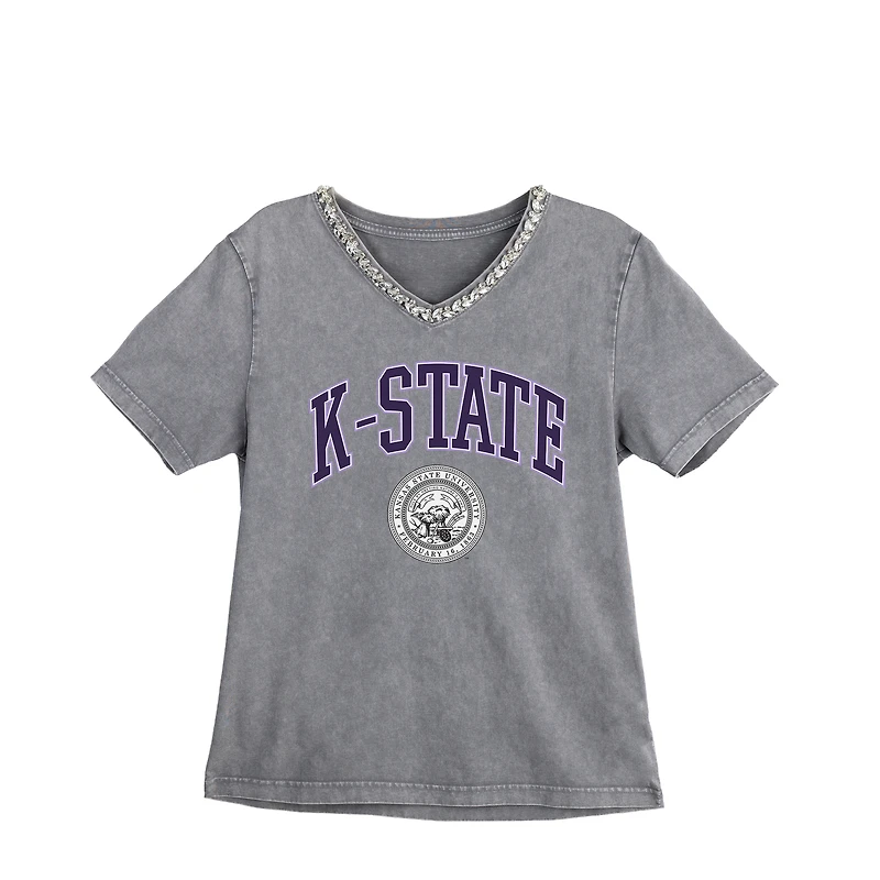 Women's Gameday Couture Gray Kansas State Wildcats Iconic Edge Rhinestone V-Neck T-Shirt