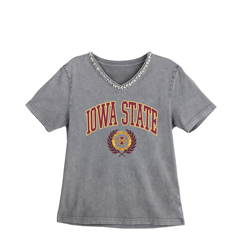 Women's Gameday Couture Gray Iowa State Cyclones Iconic Edge Rhinestone V-Neck T-Shirt