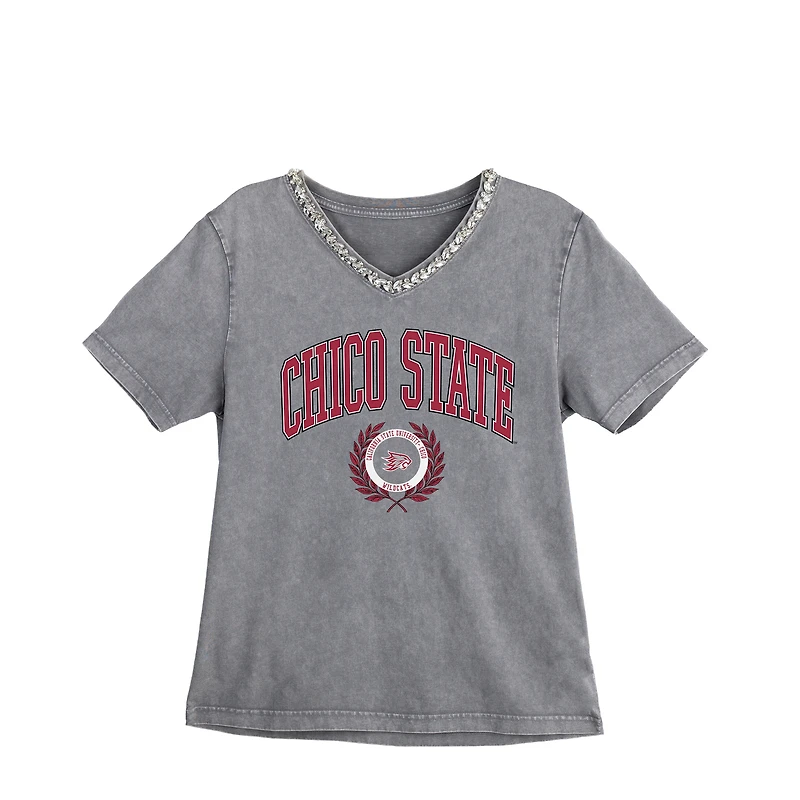 Women's Gameday Couture Gray Cal State Chico Wildcats Iconic Edge Rhinestone V-Neck T-Shirt