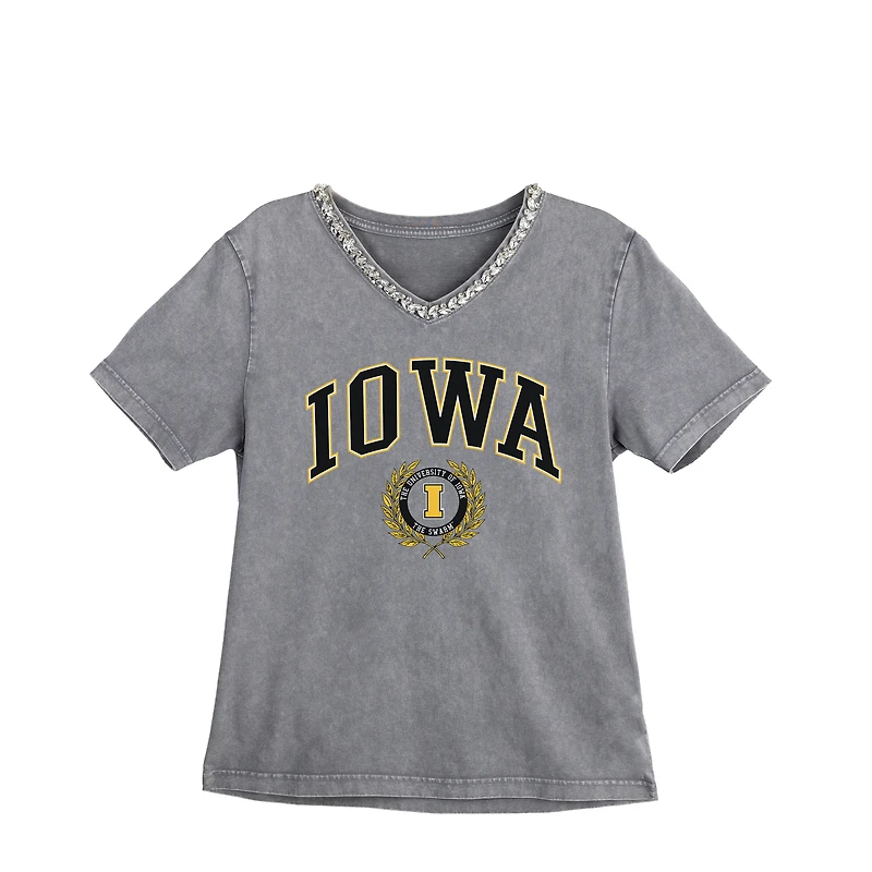 Women's Gameday Couture Gray Iowa Hawkeyes Iconic Edge Rhinestone V-Neck T-Shirt