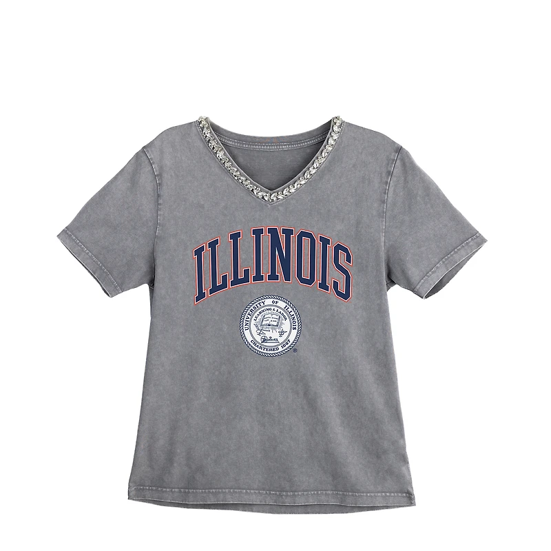 Women's Gameday Couture Gray Illinois Fighting Illini Iconic Edge Rhinestone V-Neck T-Shirt