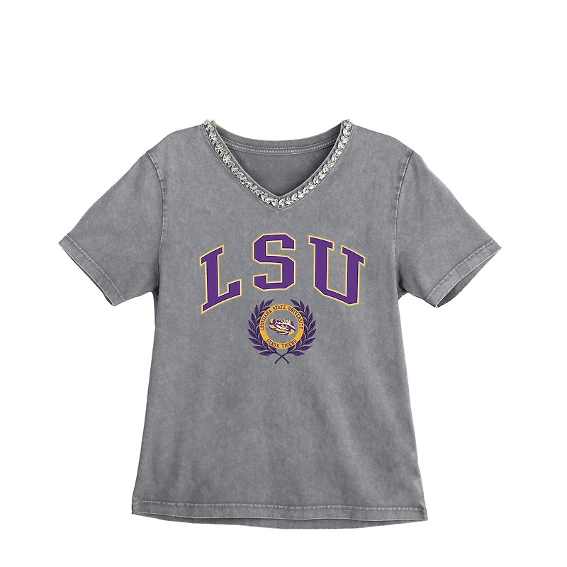 Women's Gameday Couture Gray LSU Tigers Iconic Edge Rhinestone V-Neck T-Shirt