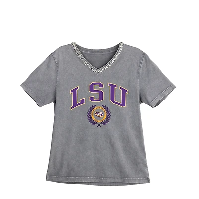 Women's Gameday Couture Gray LSU Tigers Iconic Edge Rhinestone V-Neck T-Shirt