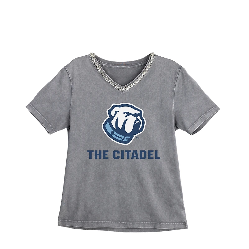 Women's Gameday Couture Gray Citadel Bulldogs Iconic Edge Rhinestone V-Neck T-Shirt