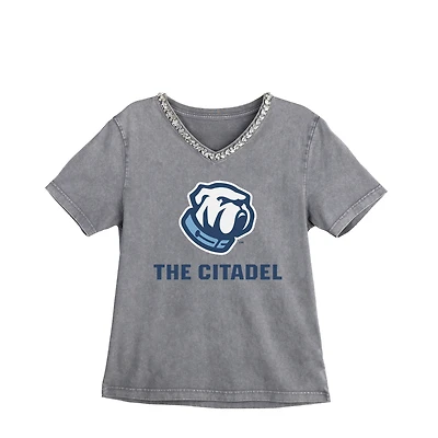 Women's Gameday Couture Gray Citadel Bulldogs Iconic Edge Rhinestone V-Neck T-Shirt