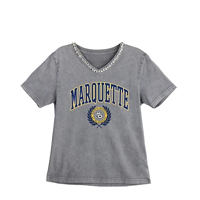 Women's Gameday Couture Gray Marquette Golden Eagles Iconic Edge Rhinestone V-Neck T-Shirt