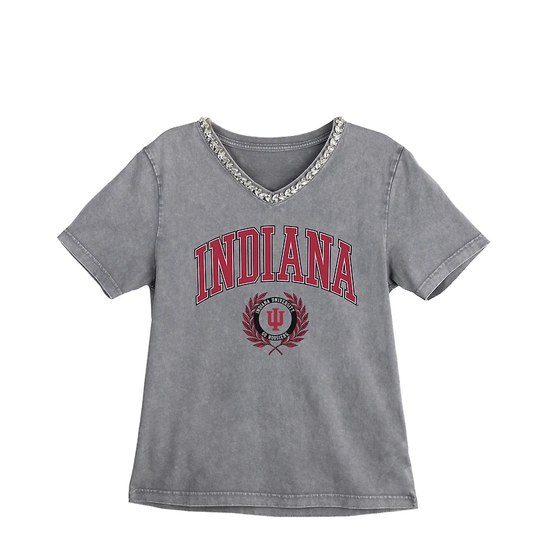 Women's Gameday Couture Gray Indiana Hoosiers Iconic Edge Rhinestone V-Neck T-Shirt