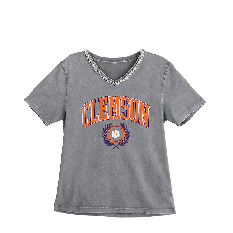 Women's Gameday Couture Gray Clemson Tigers Iconic Edge Rhinestone V-Neck T-Shirt