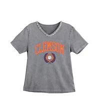 Women's Gameday Couture Gray Clemson Tigers Iconic Edge Rhinestone V-Neck T-Shirt