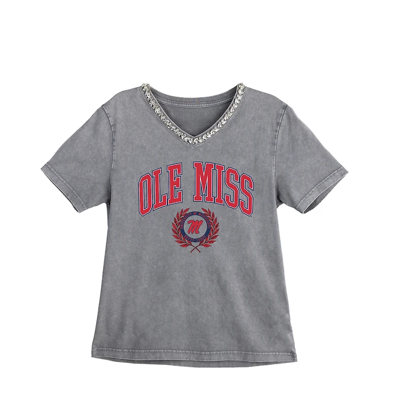 Women's Gameday Couture Gray Ole Miss Rebels Iconic Edge Rhinestone V-Neck T-Shirt
