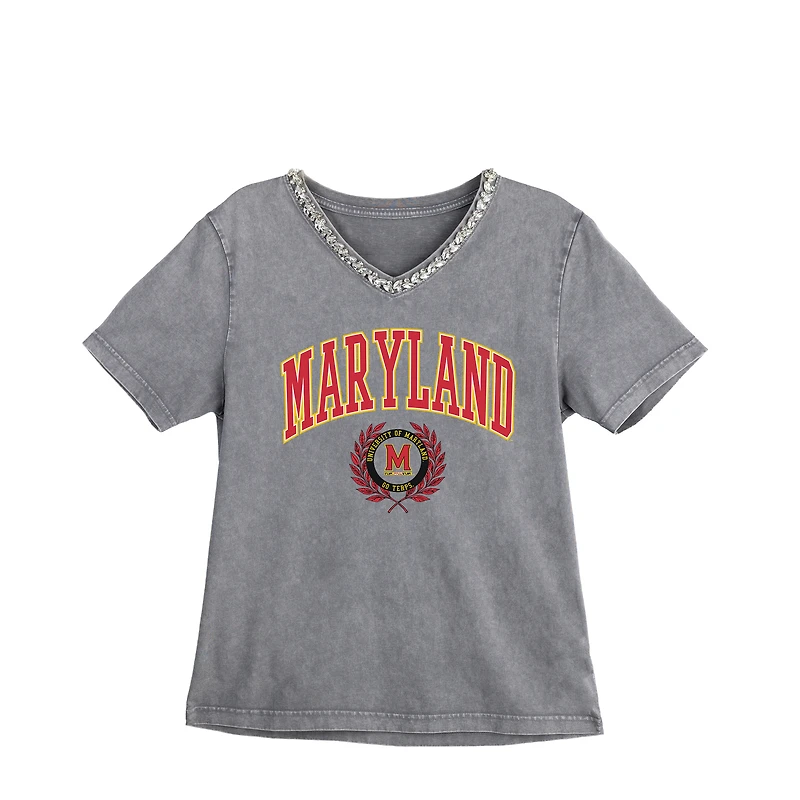 Women's Gameday Couture Gray Maryland Terrapins Iconic Edge Rhinestone V-Neck T-Shirt