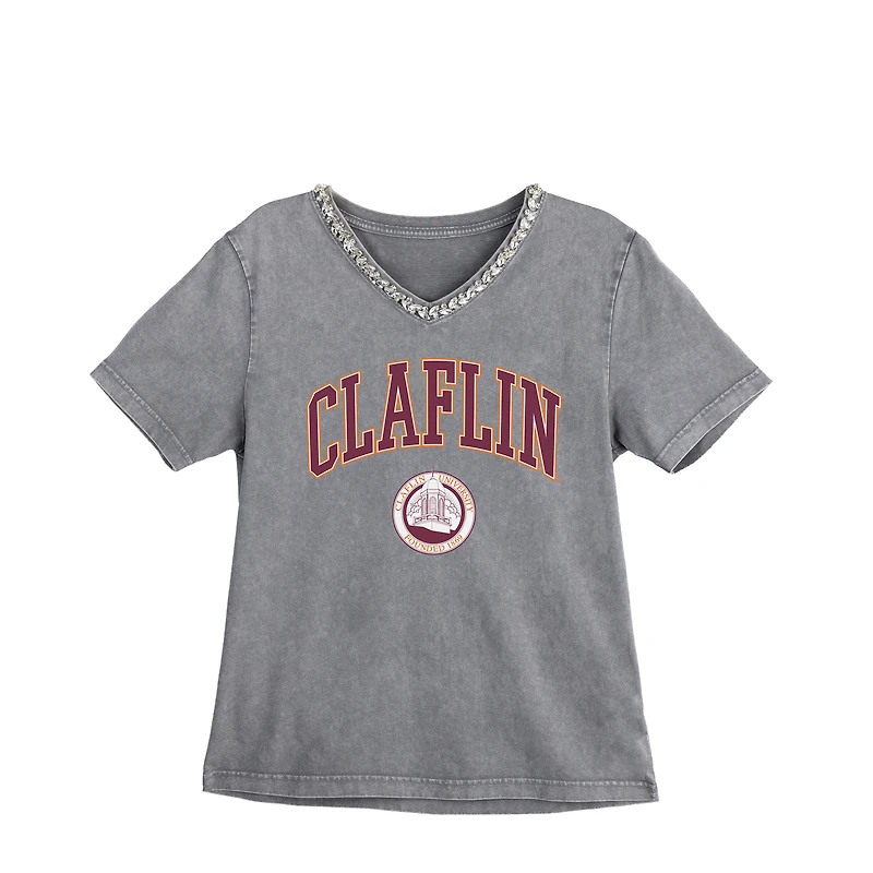 Women's Gameday Couture Gray Claflin Panthers Iconic Edge Rhinestone V-Neck T-Shirt