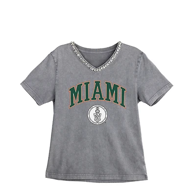 Women's Gameday Couture Gray Miami Hurricanes Iconic Edge Rhinestone V-Neck T-Shirt