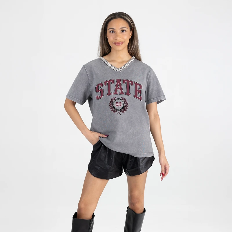 Women's Gameday Couture Gray Mississippi State Bulldogs Iconic Edge Rhinestone V-Neck T-Shirt