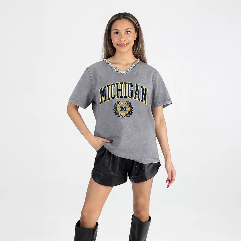 Women's Gameday Couture Gray Michigan Wolverines Iconic Edge Rhinestone V-Neck T-Shirt