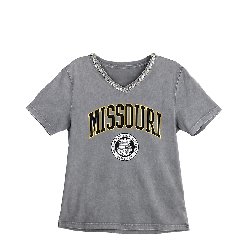 Women's Gameday Couture Gray Missouri Tigers Iconic Edge Rhinestone V-Neck T-Shirt