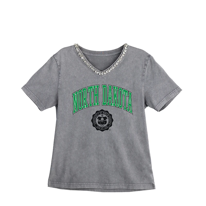 Women's Gameday Couture Gray North Dakota Fighting Hawks Iconic Edge Rhinestone V-Neck T-Shirt