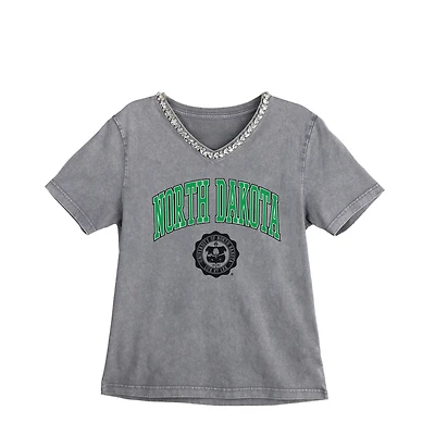 Women's Gameday Couture Gray North Dakota Fighting Hawks Iconic Edge Rhinestone V-Neck T-Shirt