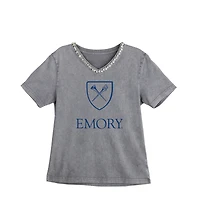 Women's Gameday Couture Gray Emory Eagles Iconic Edge Rhinestone V-Neck T-Shirt