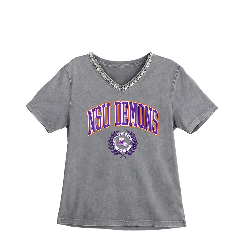 Women's Gameday Couture Gray Northwestern State Demons Iconic Edge Rhinestone V-Neck T-Shirt