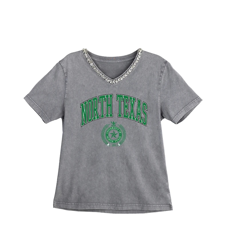 Women's Gameday Couture Gray North Texas Mean Green Iconic Edge Rhinestone V-Neck T-Shirt