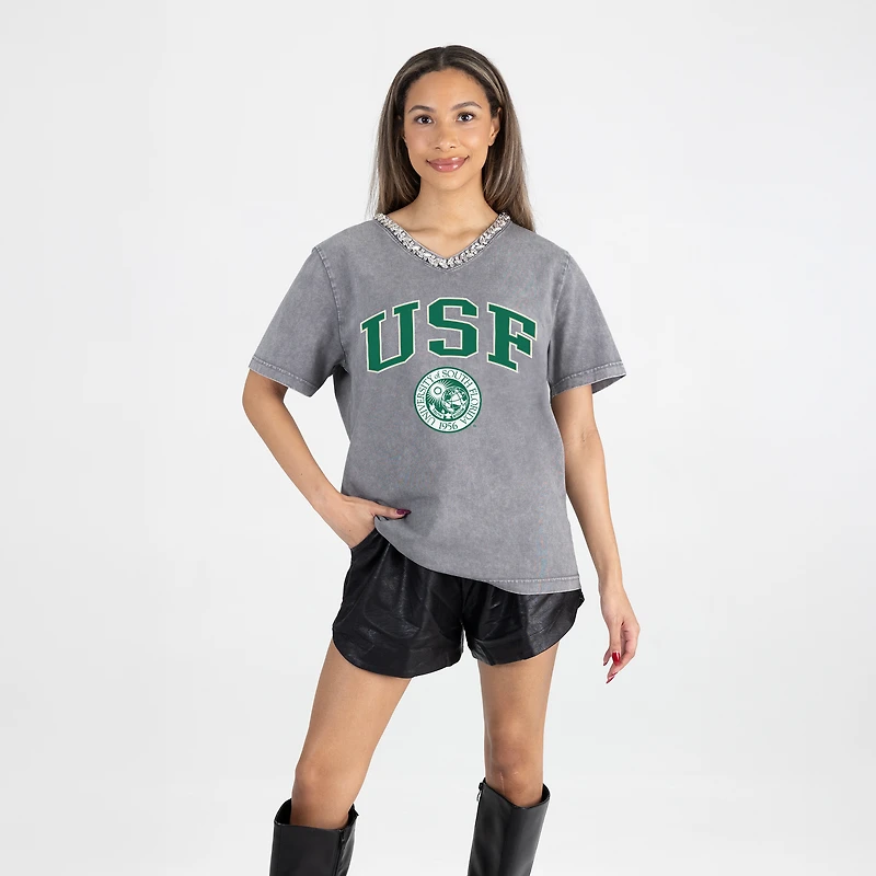 Women's Gameday Couture Gray South Florida Bulls Iconic Edge Rhinestone V-Neck T-Shirt