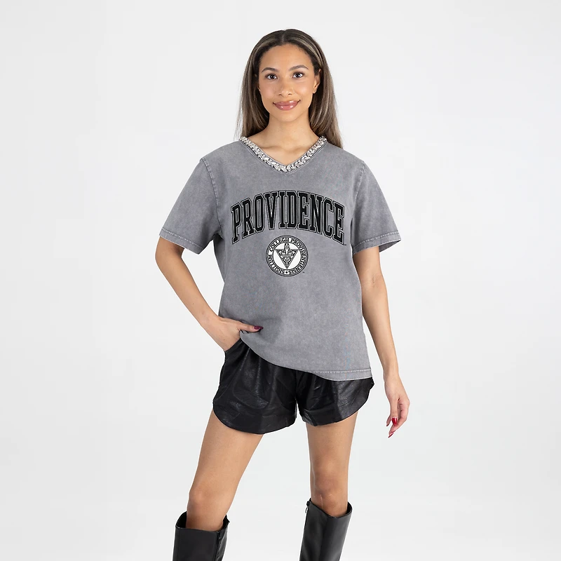 Women's Gameday Couture Gray Providence Friars Iconic Edge Rhinestone V-Neck T-Shirt