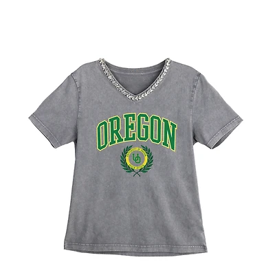 Women's Gameday Couture Gray Oregon Ducks Iconic Edge Rhinestone V-Neck T-Shirt