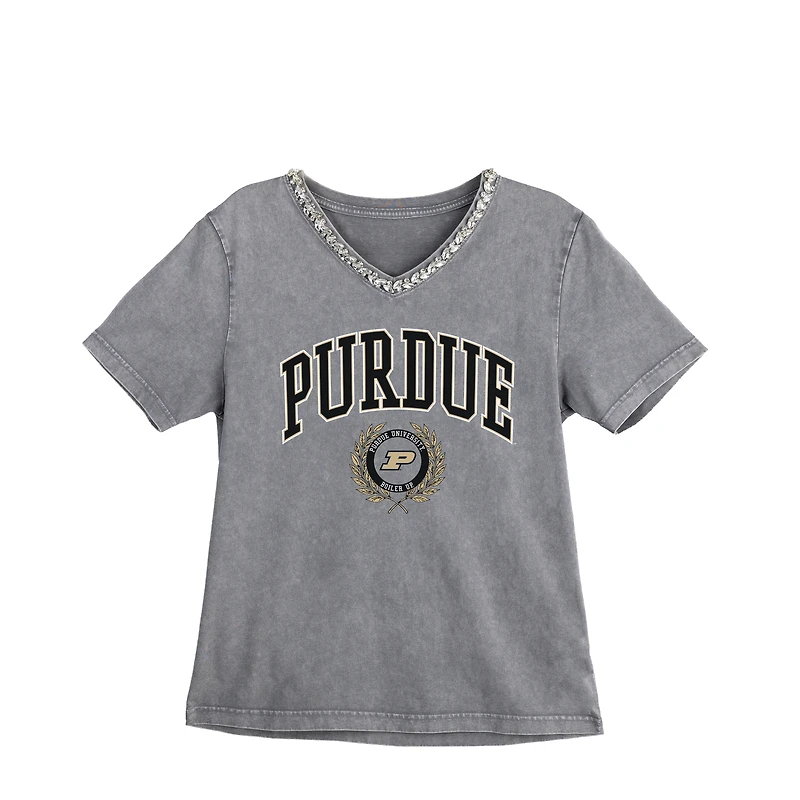 Women's Gameday Couture Gray Purdue Boilermakers Iconic Edge Rhinestone V-Neck T-Shirt