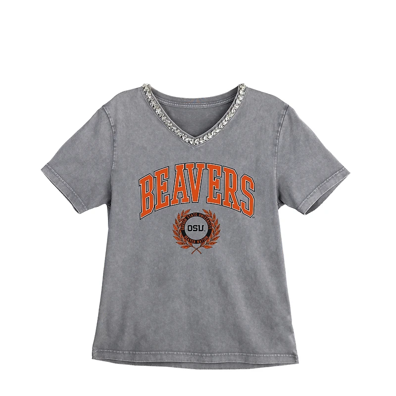 Women's Gameday Couture Gray Oregon State Beavers Iconic Edge Rhinestone V-Neck T-Shirt