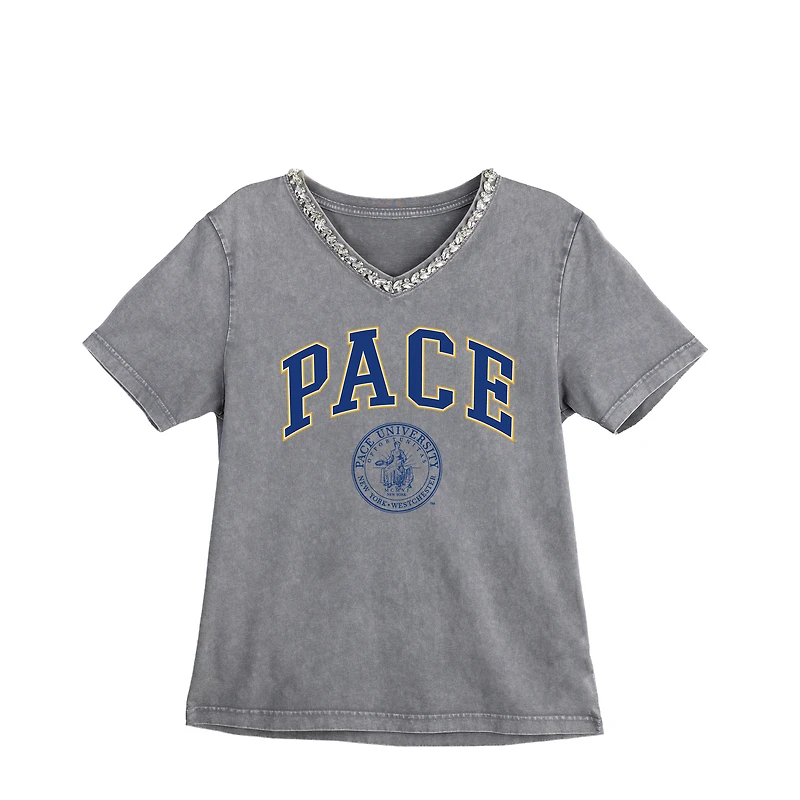 Women's Gameday Couture Gray Pace University Setters Iconic Edge Rhinestone V-Neck T-Shirt