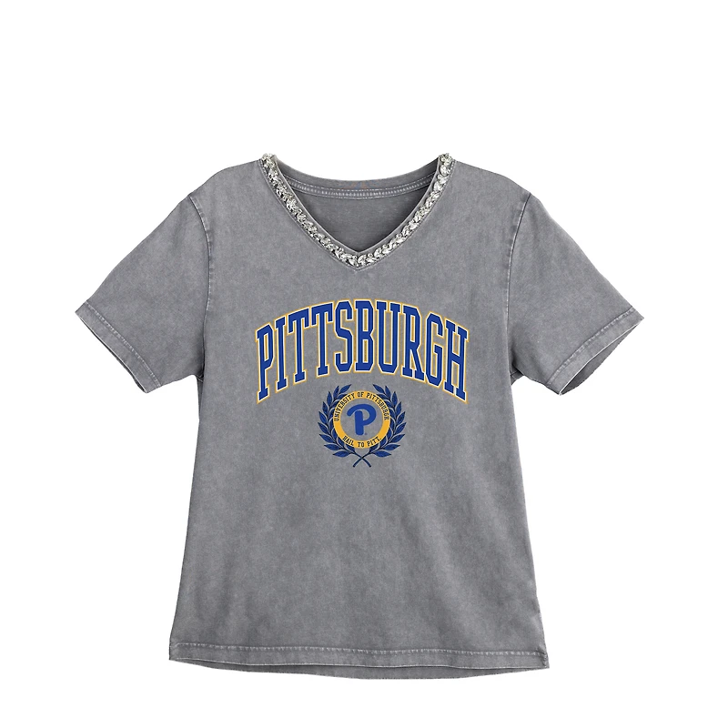 Women's Gameday Couture Gray Pitt Panthers Iconic Edge Rhinestone V-Neck T-Shirt