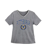 Women's Gameday Couture Gray Pitt Panthers Iconic Edge Rhinestone V-Neck T-Shirt