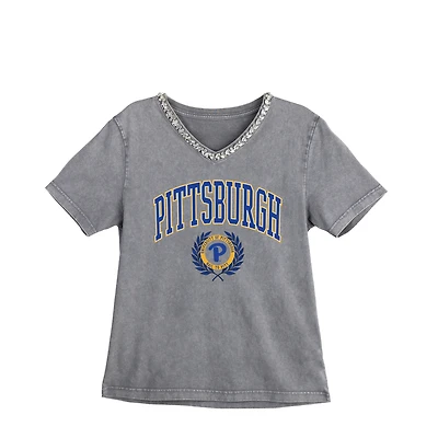 Women's Gameday Couture Gray Pitt Panthers Iconic Edge Rhinestone V-Neck T-Shirt