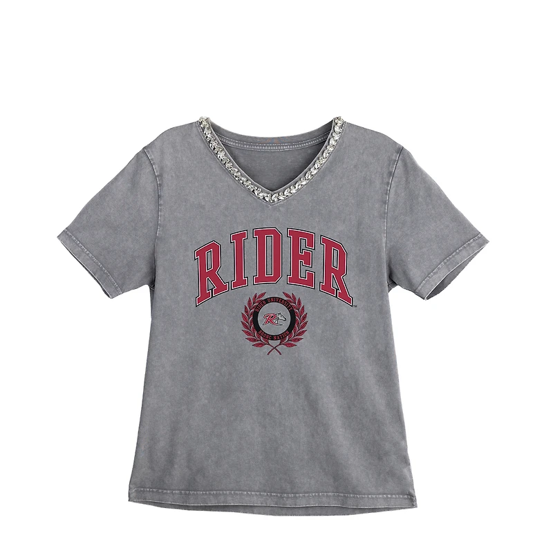 Women's Gameday Couture Gray Rider Broncs Iconic Edge Rhinestone V-Neck T-Shirt