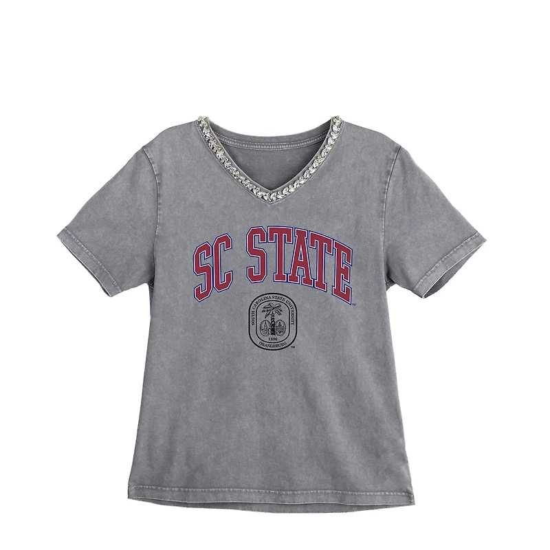 Women's Gameday Couture Gray South Carolina State Bulldogs Iconic Edge Rhinestone V-Neck T-Shirt