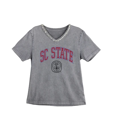 Women's Gameday Couture Gray South Carolina State Bulldogs Iconic Edge Rhinestone V-Neck T-Shirt