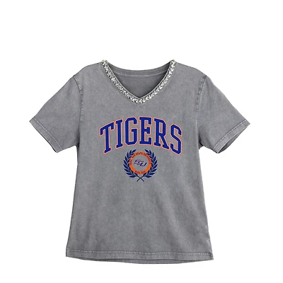 Women's Gameday Couture Gray Savannah State Tigers Iconic Edge Rhinestone V-Neck T-Shirt