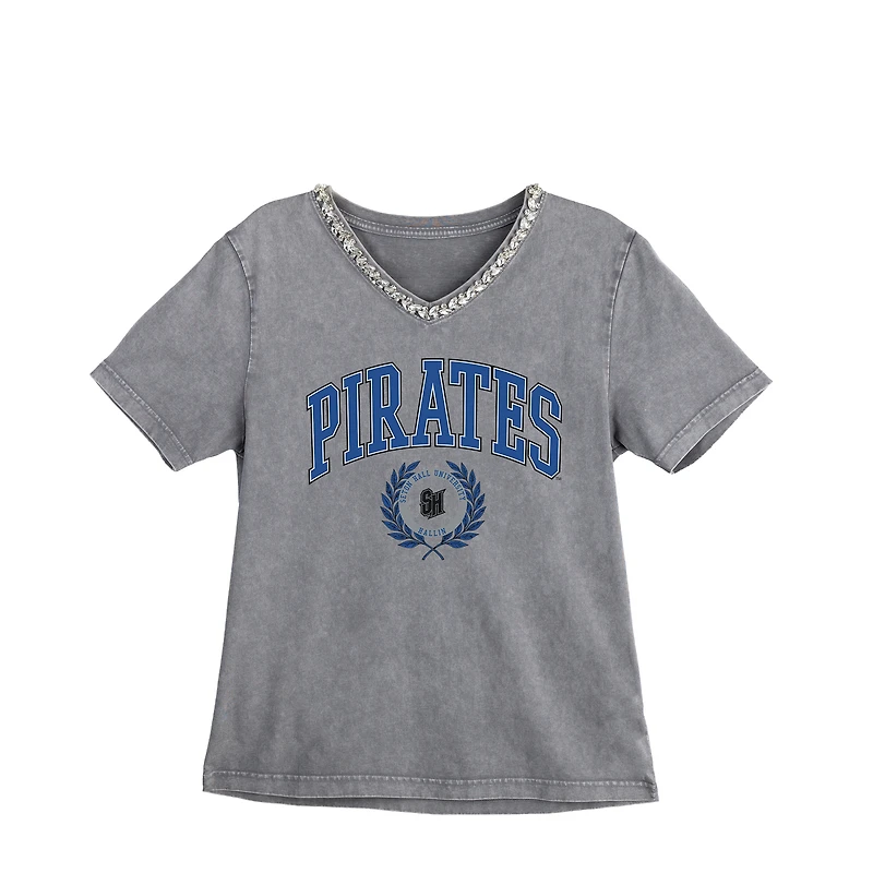 Women's Gameday Couture Gray Seton Hall Pirates Iconic Edge Rhinestone V-Neck T-Shirt
