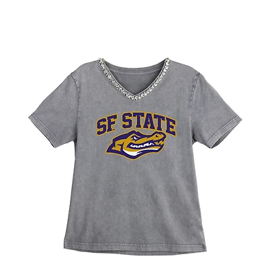 Women's Gameday Couture Gray San Francisco State Gators Iconic Edge Rhinestone V-Neck T-Shirt