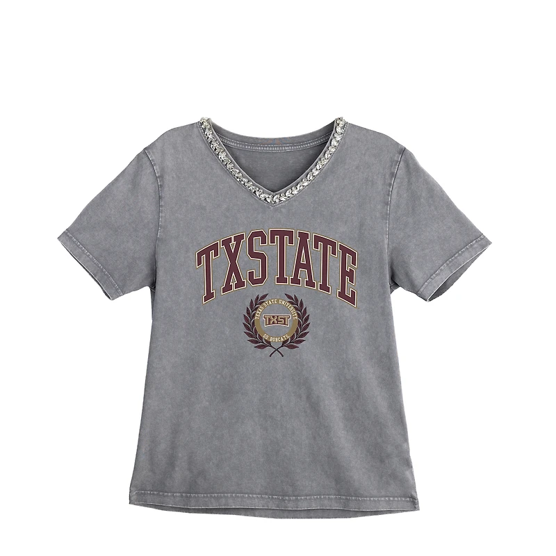 Women's Gameday Couture Gray Texas State Bobcats Iconic Edge Rhinestone V-Neck T-Shirt