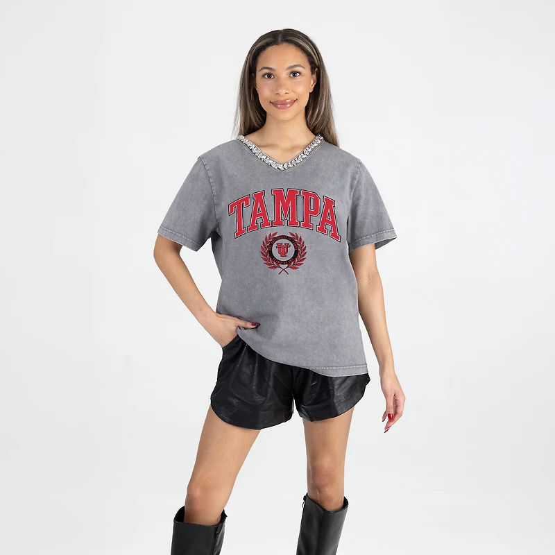 Women's Gameday Couture Gray Tampa Spartans Iconic Edge Rhinestone V-Neck T-Shirt