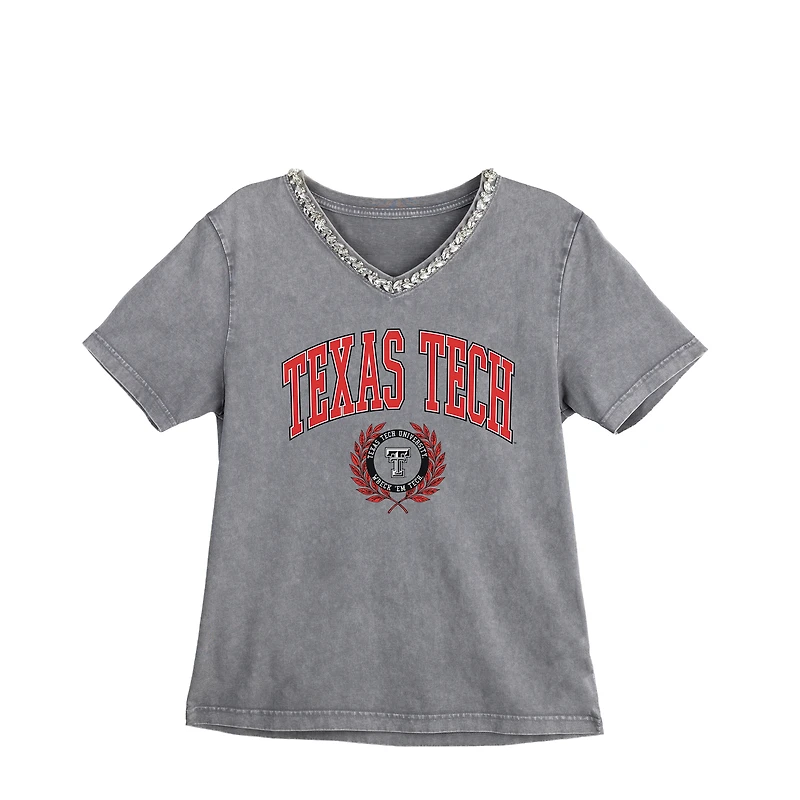 Women's Gameday Couture Gray Texas Tech Red Raiders Iconic Edge Rhinestone V-Neck T-Shirt