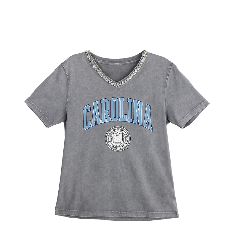 Women's Gameday Couture Gray North Carolina Tar Heels Iconic Edge Rhinestone V-Neck T-Shirt